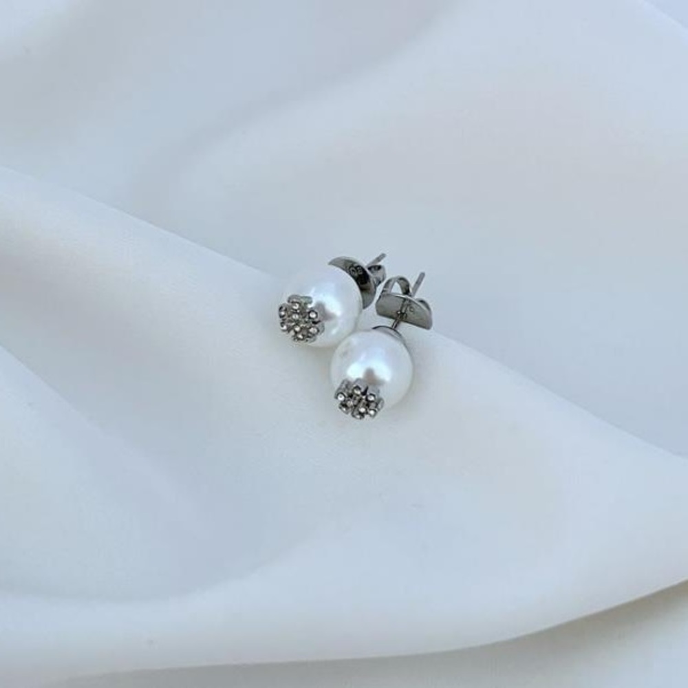 Tory Burch Elegant Silver Pearl Stud Earrings